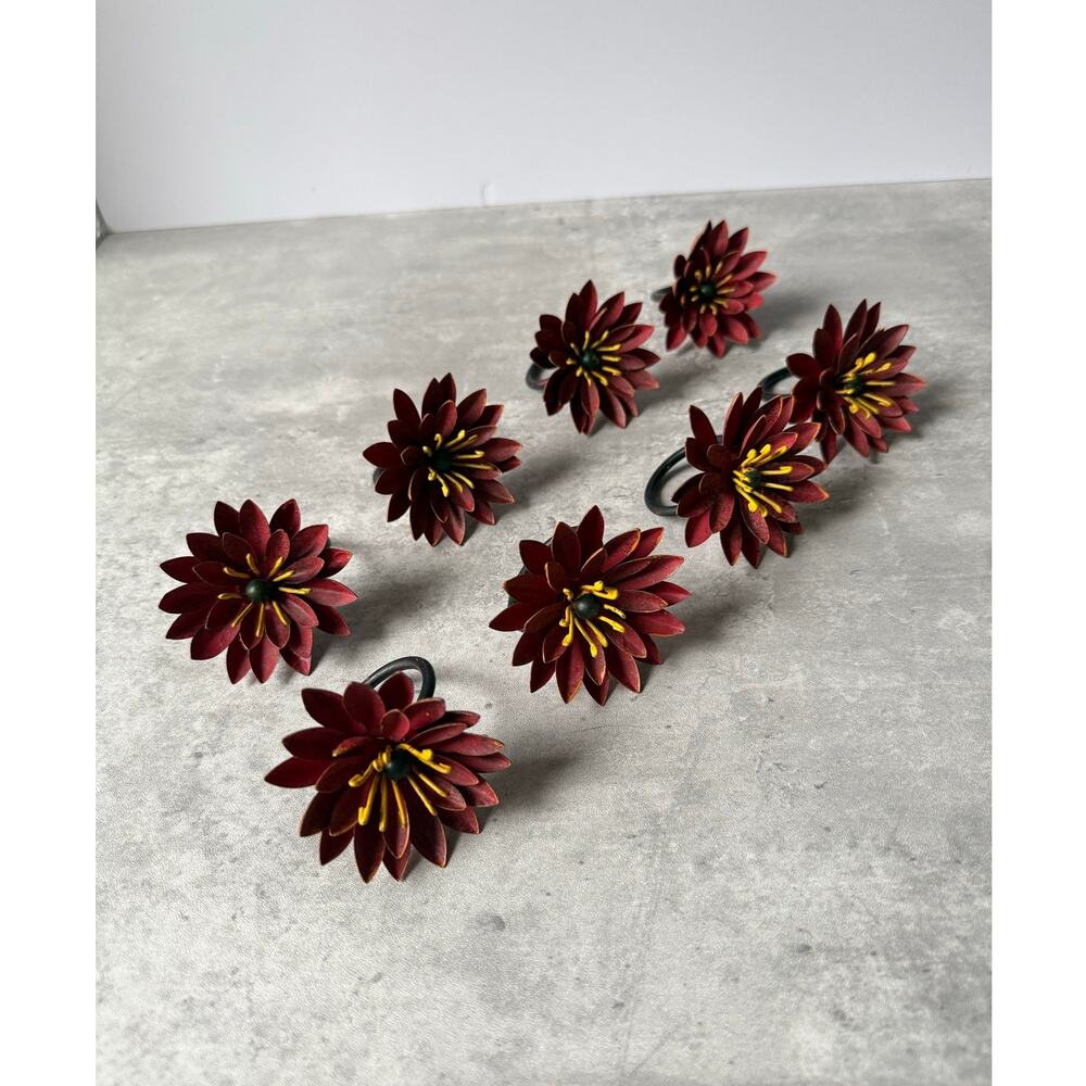 Pier 1 Metal Chrysanthemum Flower Napkin Rings Rustic Red Yellow Pistil Set of 8